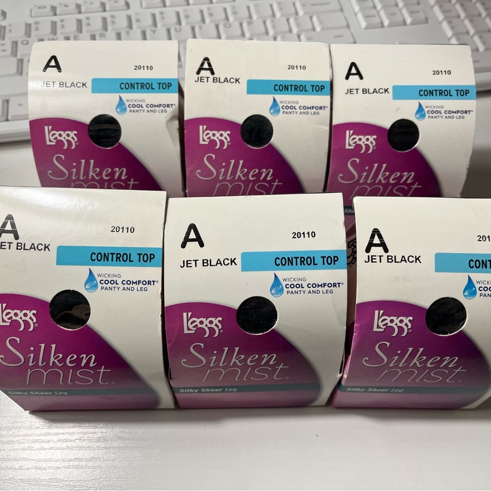 6 Pack L'eggs Silken Mist Silky Sheer Panty Hose Size A Jet Black 20110